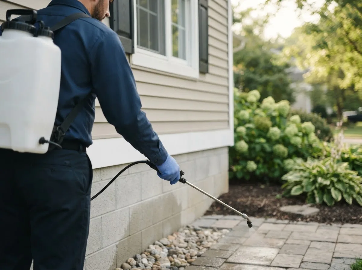 Pest control technician inspecting a home in Trenton, TX
